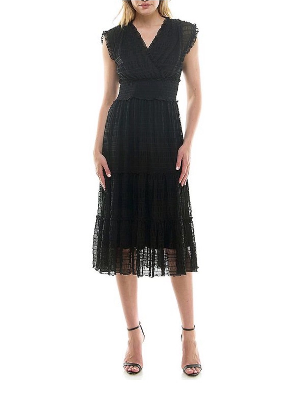 Nanette Lepore Black Tiered Smocked Midi Dress Size 8